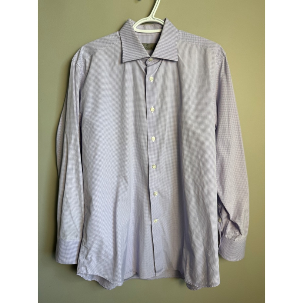Canali‎ Gingham Check Dress Shirt Purple Mens 17 Luxury Italian Cotton Old Money
